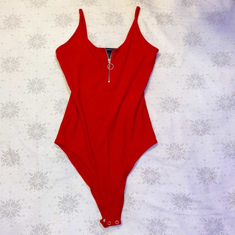 red body suit w front zipper